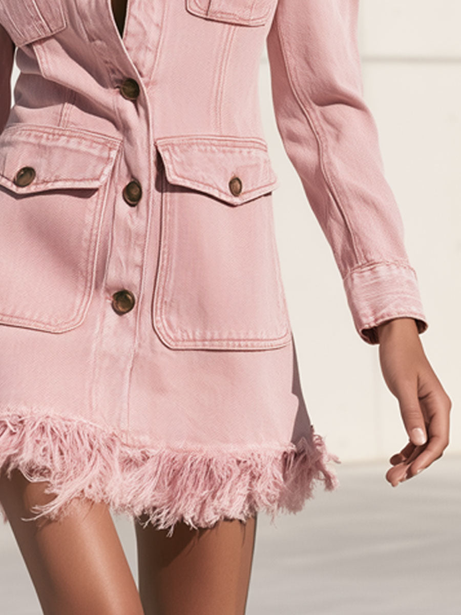 Fashionable Retro Military Style Pink Denim Tassel Long-sleeved Mini Dress