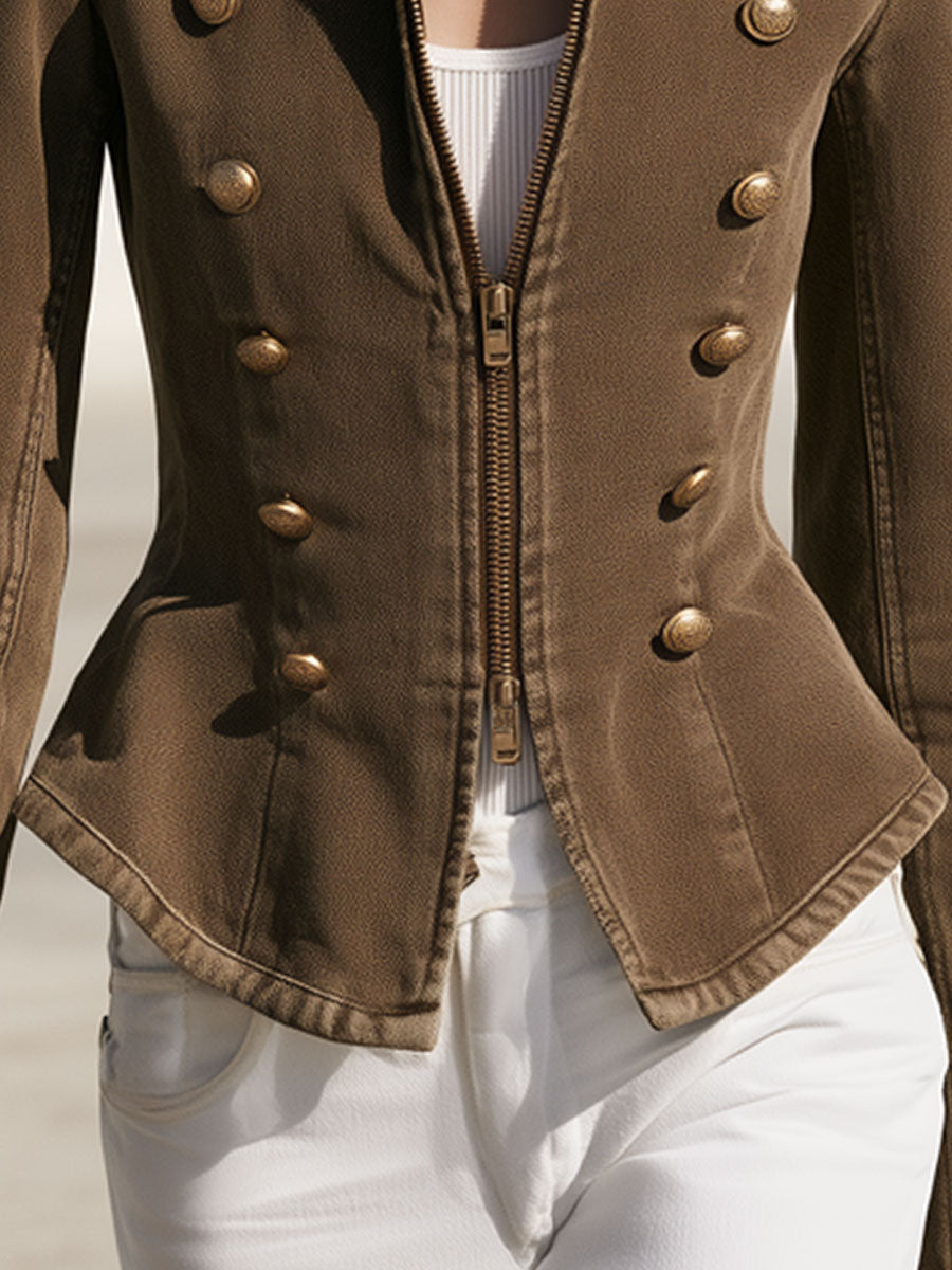 Stylish Retro Military Style Brown Denim Zip-up Jacket