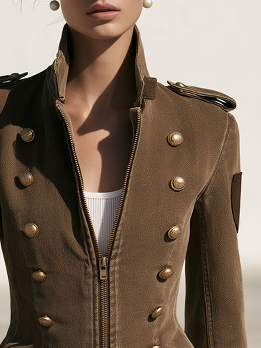 Stylish Retro Military Style Brown Denim Zip-up Jacket