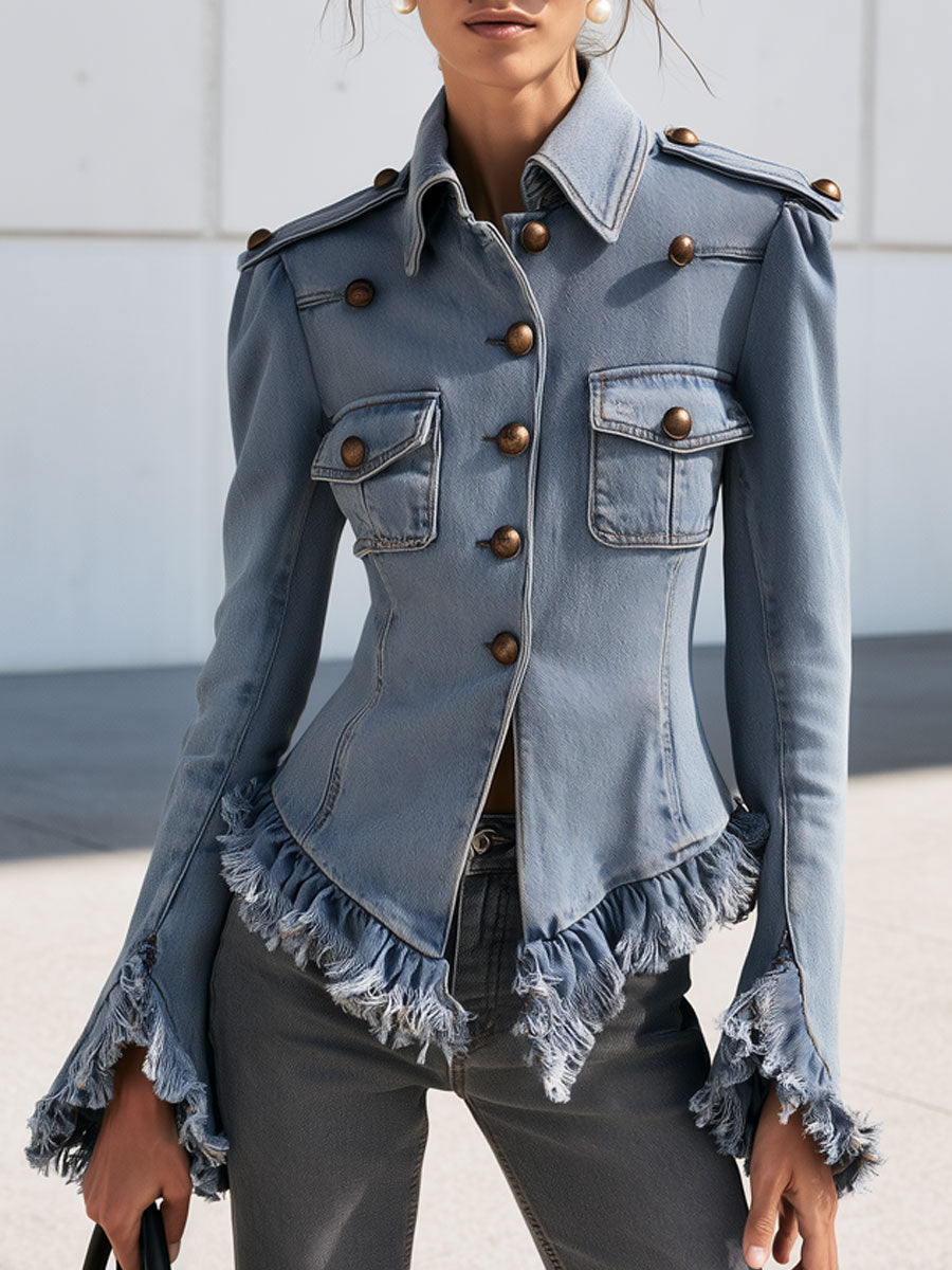 Western Retro Military Style Frayed Ruffled Faded Light Blue Denim Jacket