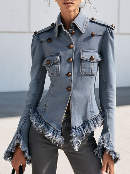 Western Retro Military Style Frayed Ruffled Faded Light Blue Denim Jacket