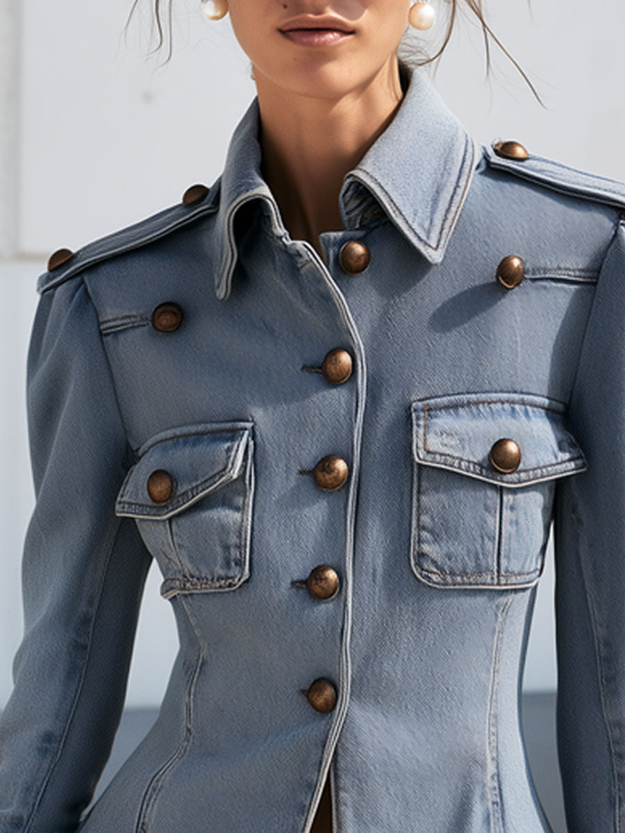 Western Retro Military Style Frayed Ruffled Faded Light Blue Denim Jacket