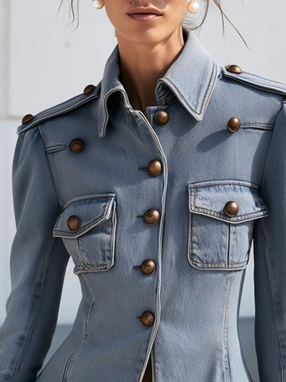Western Retro Military Style Frayed Ruffled Faded Light Blue Denim Jacket