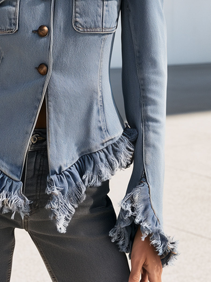 Western Retro Military Style Frayed Ruffled Faded Light Blue Denim Jacket