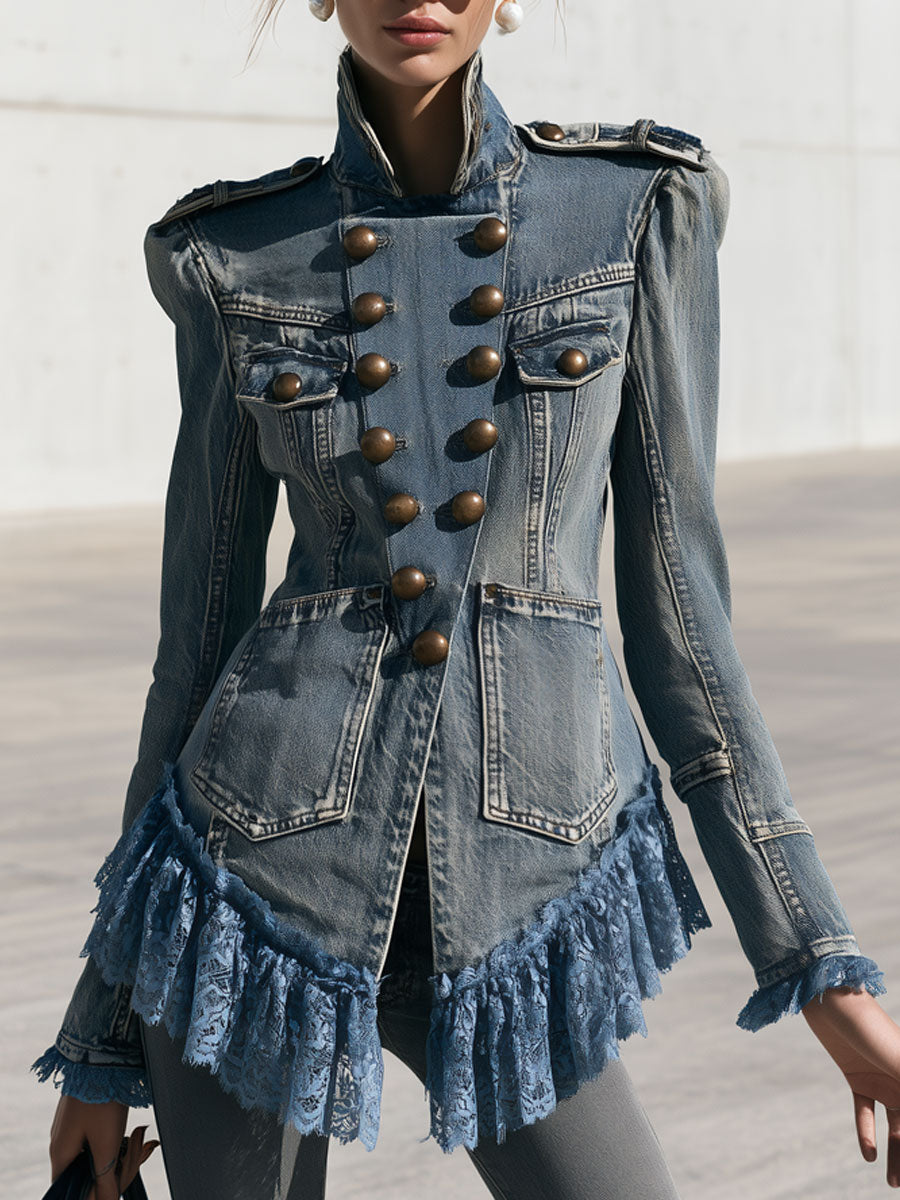Western Vintage Military Style Lace Ruffled Faded Denim Jacket
