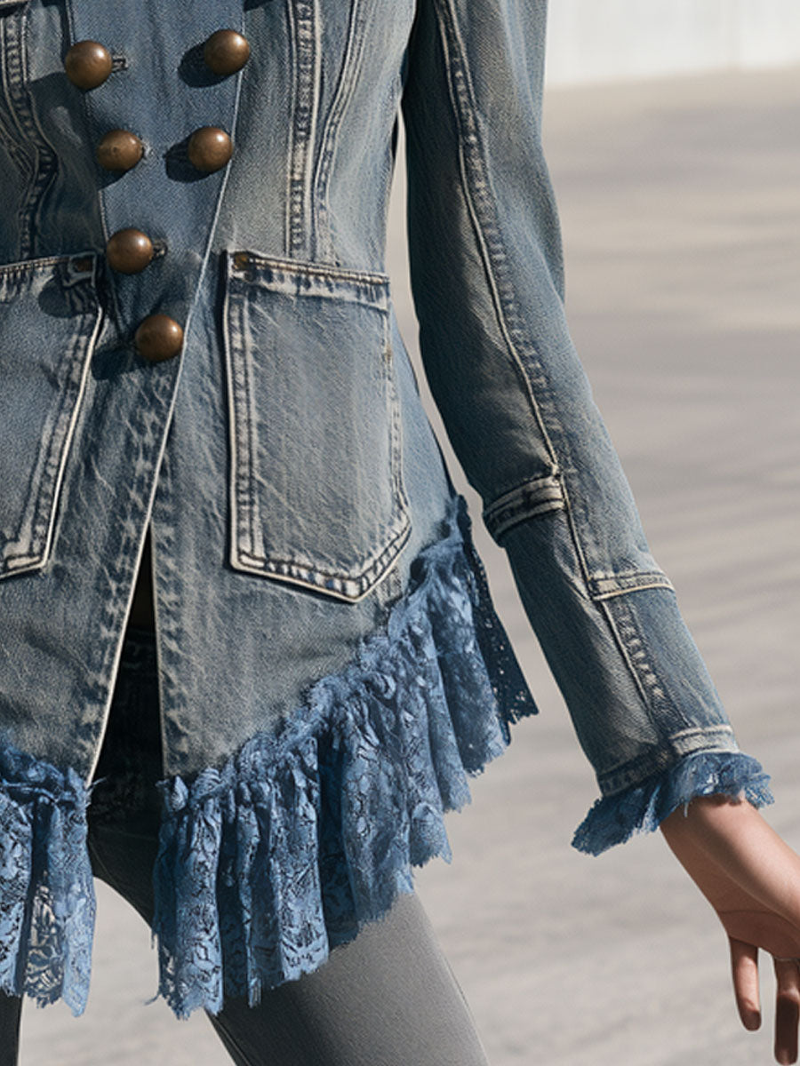 Western Vintage Military Style Lace Ruffled Faded Denim Jacket