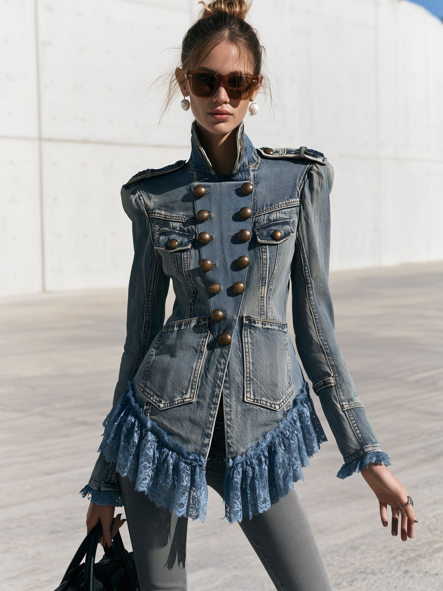 Western Vintage Military Style Lace Ruffled Faded Denim Jacket