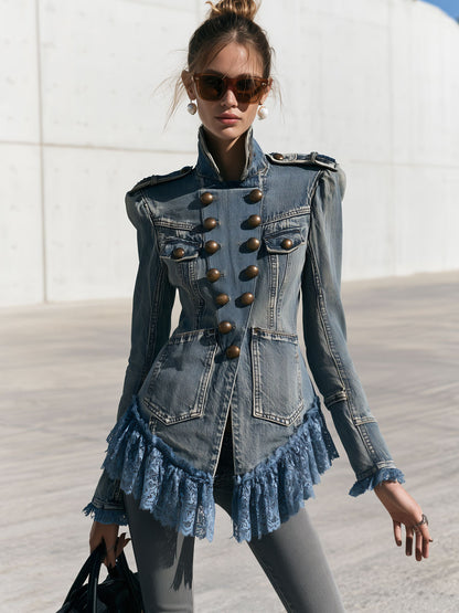 Western Vintage Military Style Lace Ruffled Faded Denim Jacket