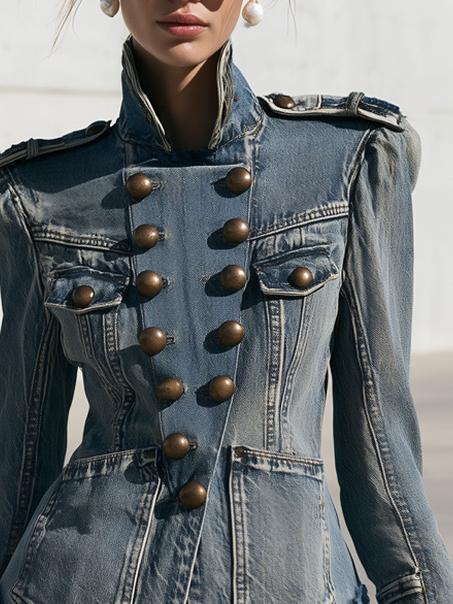 Western Vintage Military Style Lace Ruffled Faded Denim Jacket