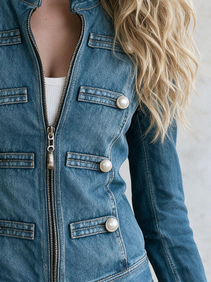 Retro Blue Stand-up Collar Double-breasted Denim Jacket