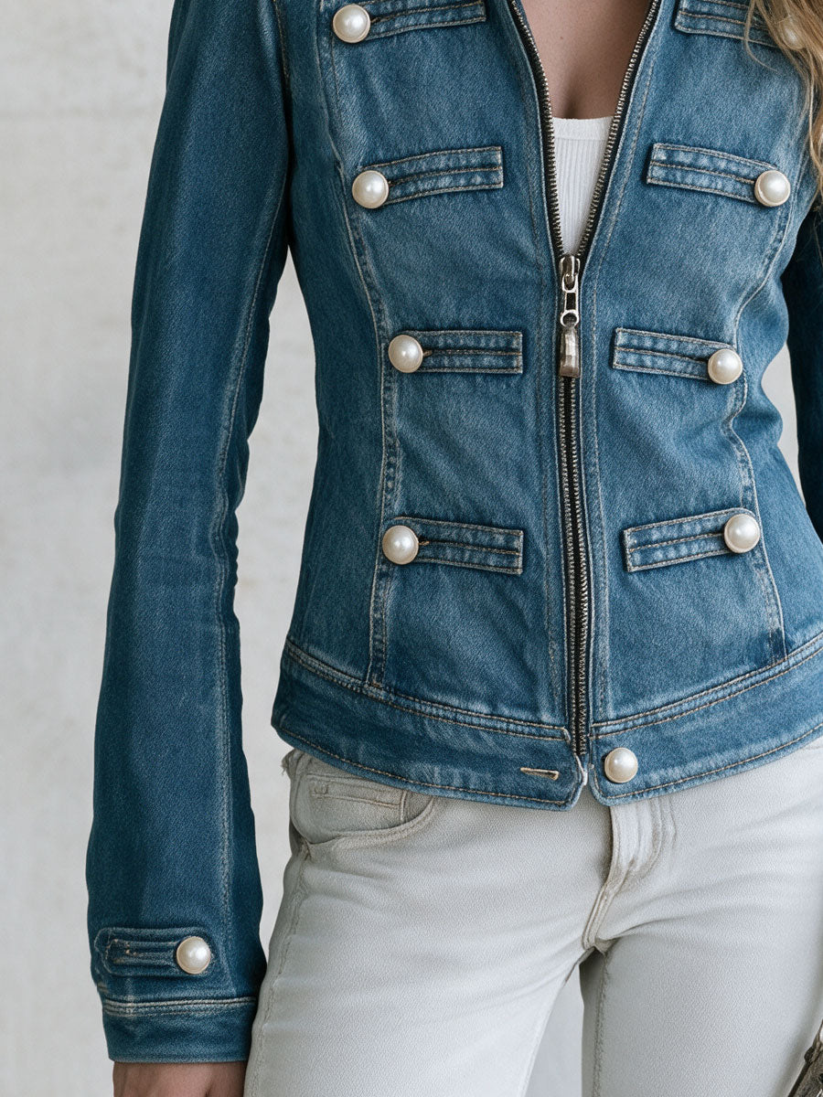 Retro Blue Stand-up Collar Double-breasted Denim Jacket
