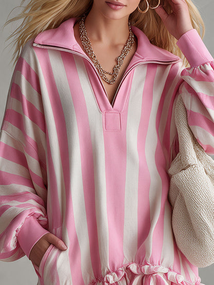 Casual Retro-style Pink And White Striped Ruffled Collar Half-zip Cotton Mini Dress