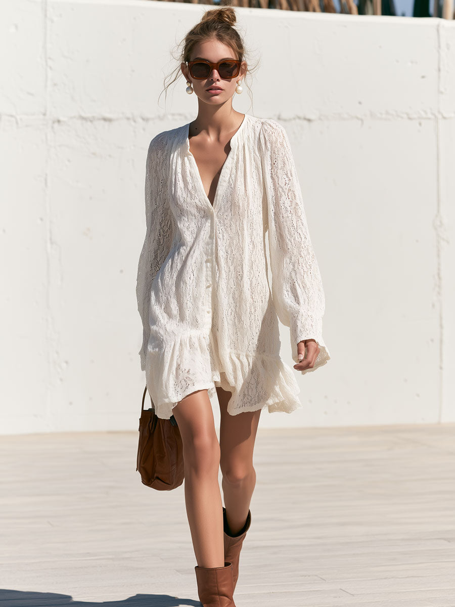 Stylish And Elegant White Lace Long-sleeved Ruffle Mini Dress
