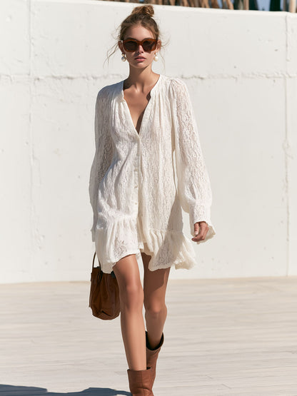 Stylish And Elegant White Lace Long-sleeved Ruffle Mini Dress