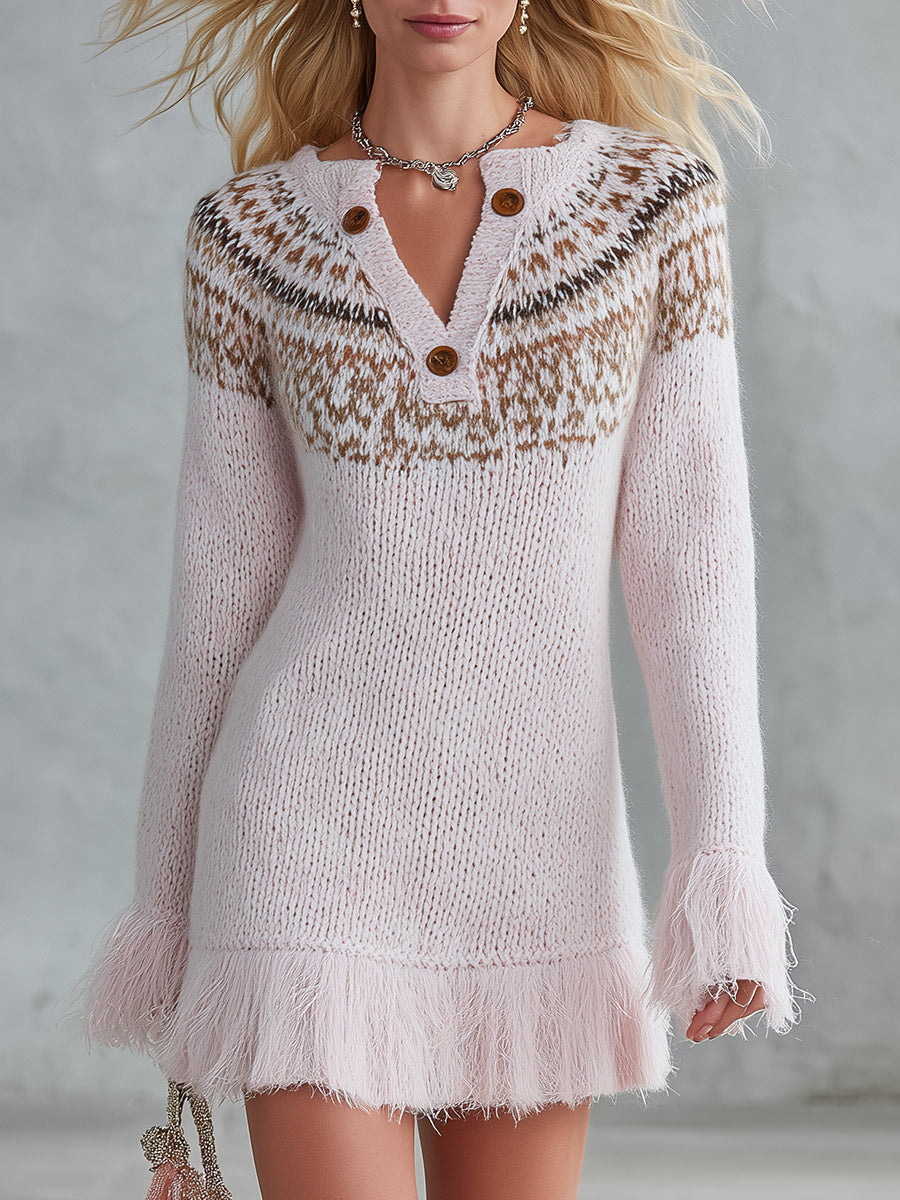 Chic Fringed Pink Fair Isle Sweater Mini Dress