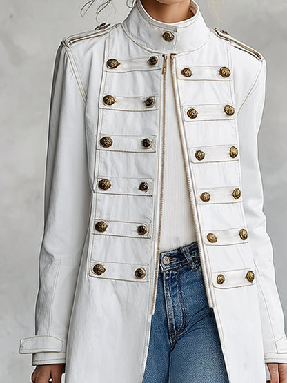 Classic Military Officer Style White Denim Front-Zip Coat