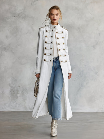 Classic Military Officer Style White Denim Front-Zip Coat