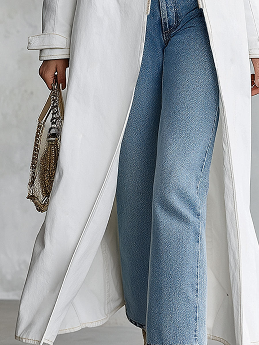 Classic Military Officer Style White Denim Front-Zip Coat
