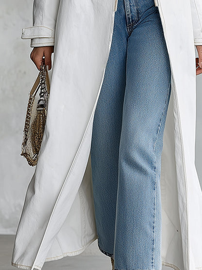 Classic Military Officer Style White Denim Front-Zip Coat
