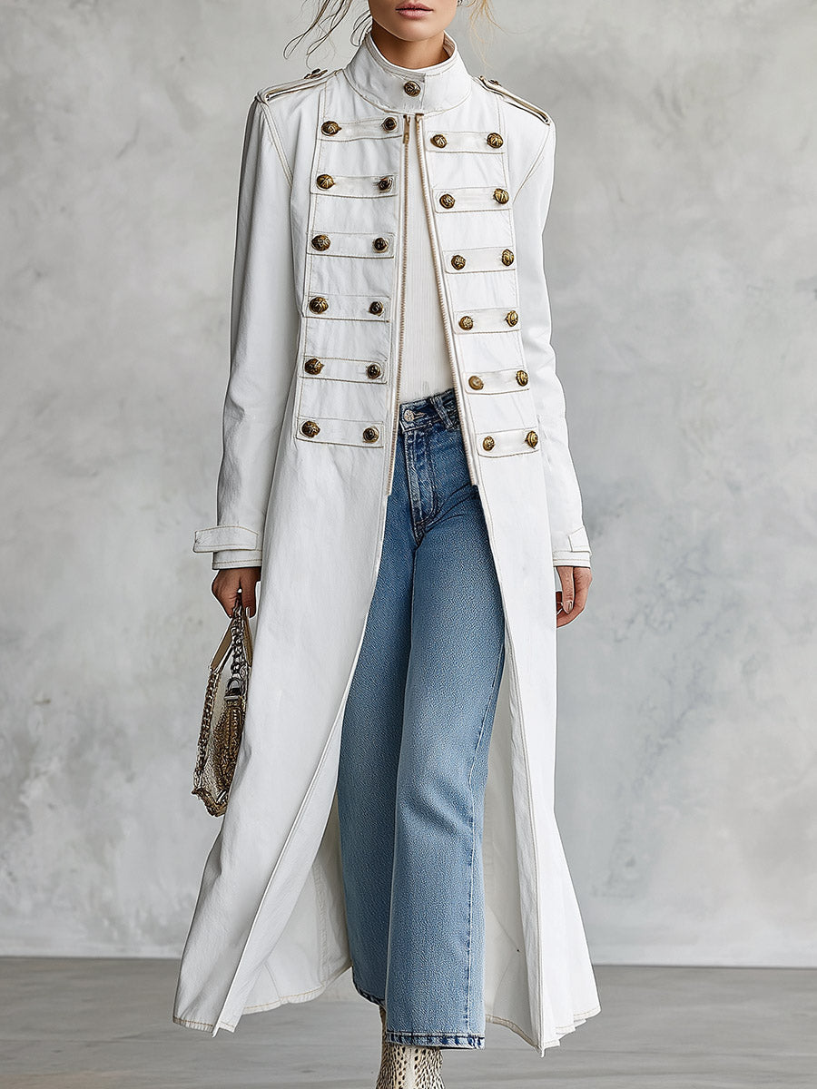 Classic Military Officer Style White Denim Front-Zip Coat