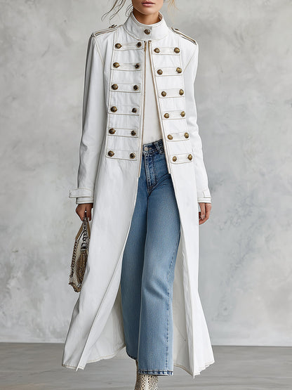 Classic Military Officer Style White Denim Front-Zip Coat