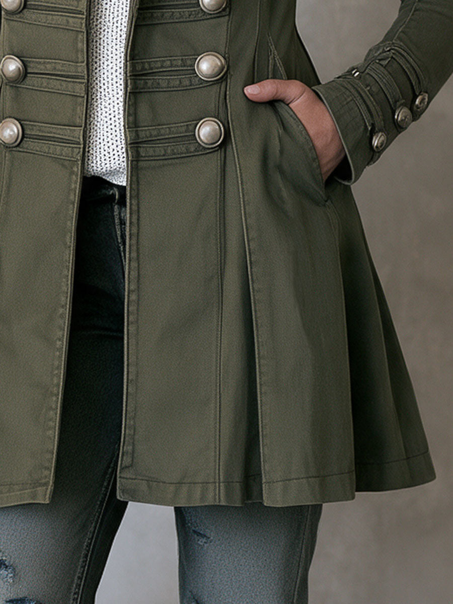 Vintage Military Officer Silver Double-breasted Green Pocket Slim-fit Coat