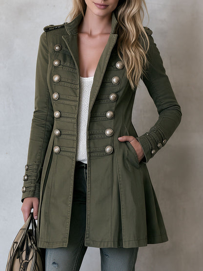 Vintage Military Officer Silver Double-breasted Green Pocket Slim-fit Coat