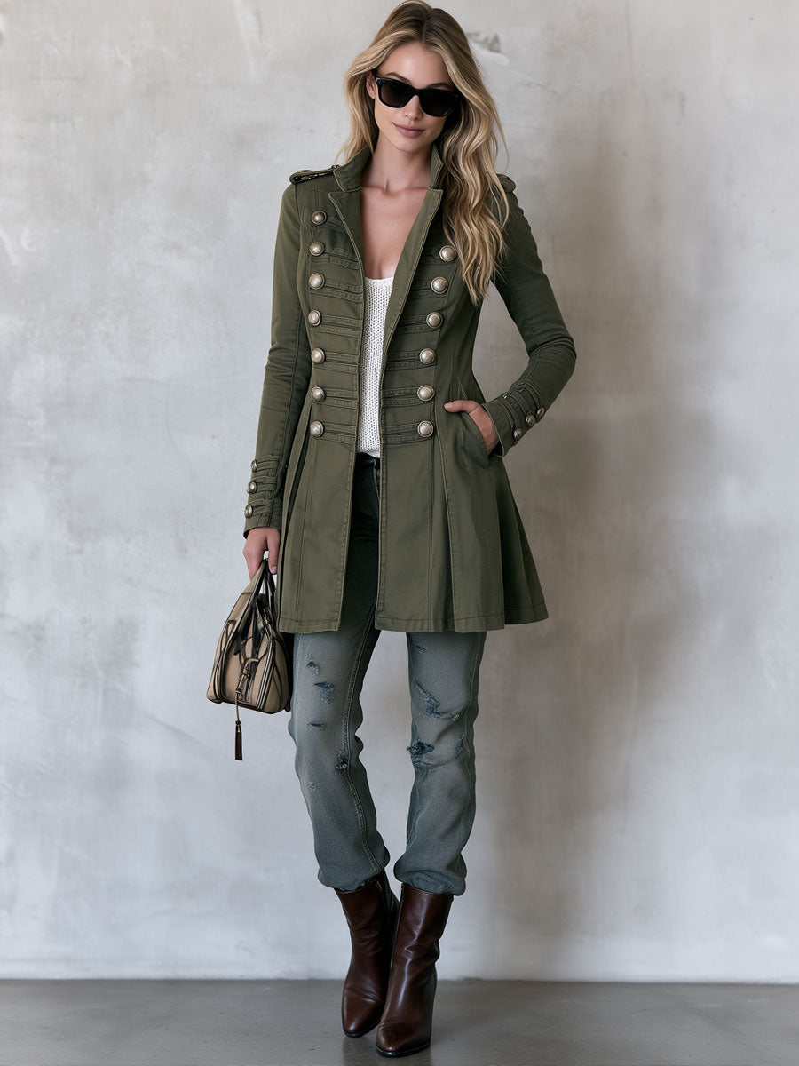 Vintage Military Officer Silver Double-breasted Green Pocket Slim-fit Coat