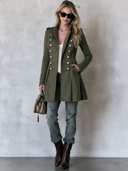 Vintage Military Officer Silver Double-breasted Green Pocket Slim-fit Coat