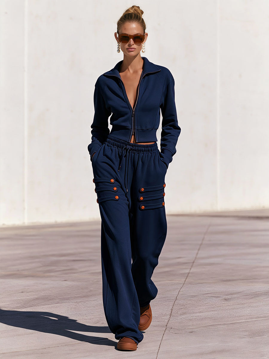 Fashionable Military-style Navy Blue Zip-up Hoodie And Button-loop Pants Set