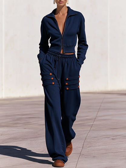 Fashionable Military-style Navy Blue Zip-up Hoodie And Button-loop Pants Set