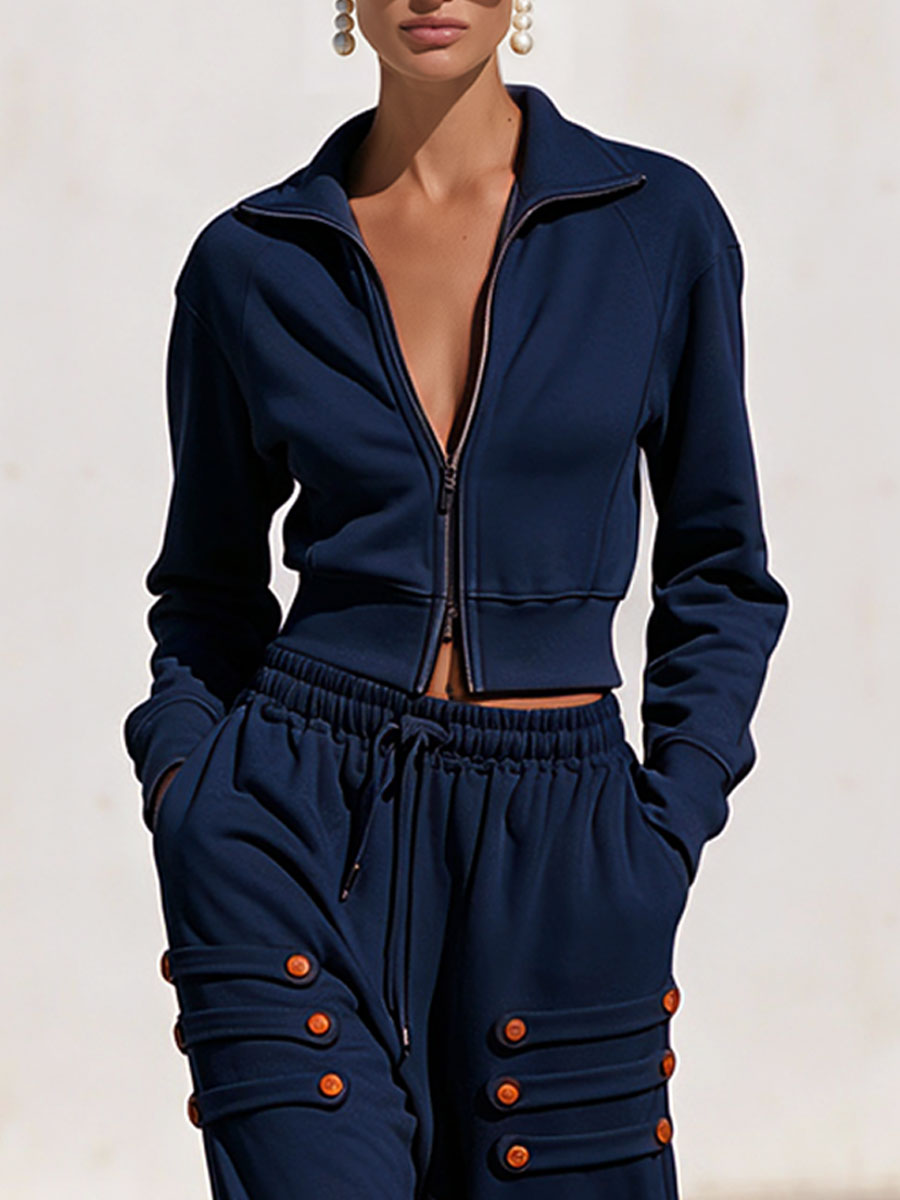Fashionable Military-style Navy Blue Zip-up Hoodie And Button-loop Pants Set