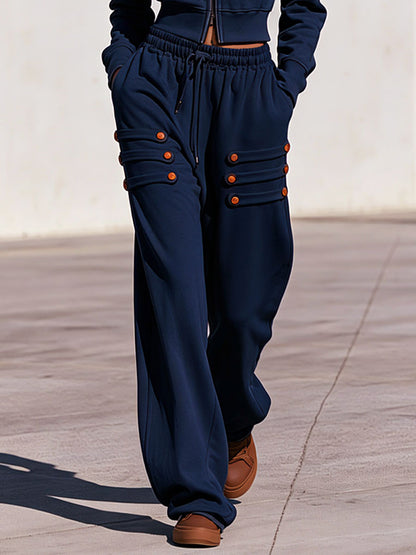 Fashionable Military-style Navy Blue Zip-up Hoodie And Button-loop Pants Set
