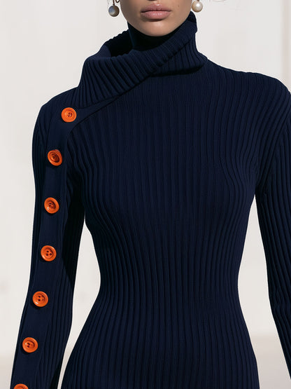 Stylish And Elegant Orange Button-down Flared Sleeve Navy Blue Knit Mini Dress