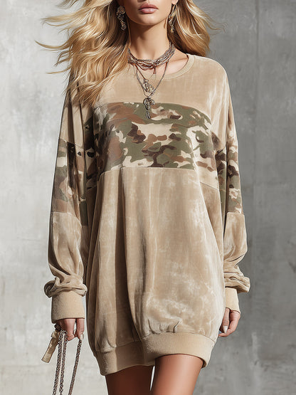 Camo Print Colorblock Velvet Oversized Sweatshirt Mini Dress