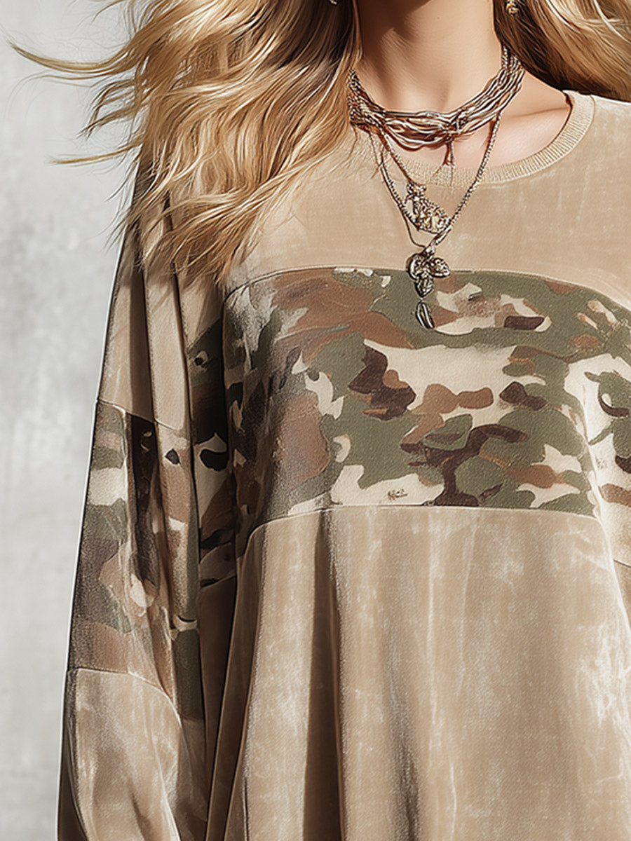 Camo Print Colorblock Velvet Oversized Sweatshirt Mini Dress