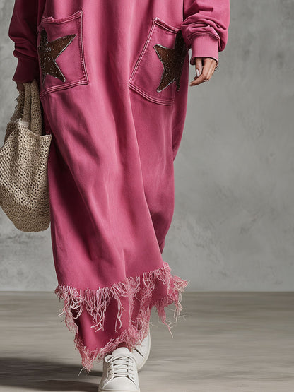 Casual Retro Tassel Star Embellished Rose Red Stand Collar Washed Cotton Maxi Dress