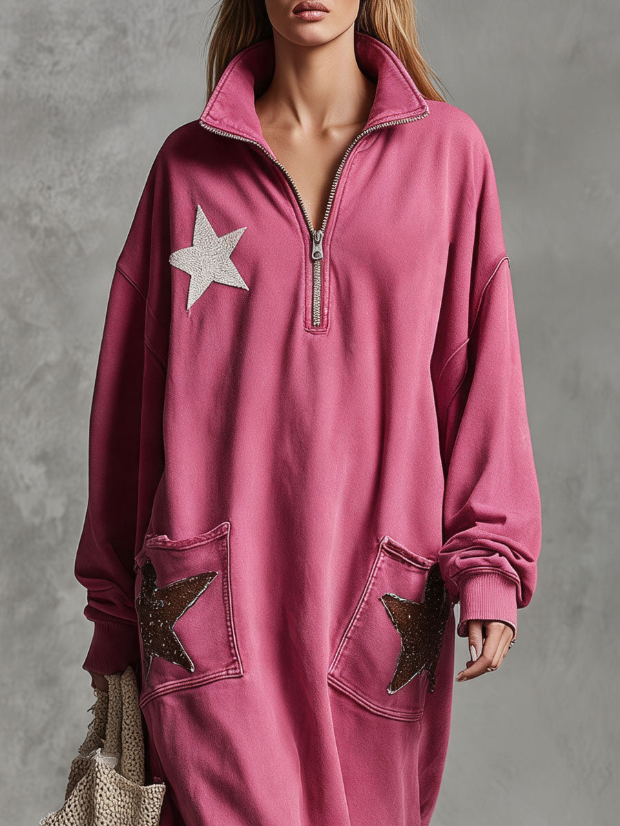 Casual Retro Tassel Star Embellished Rose Red Stand Collar Washed Cotton Maxi Dress