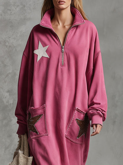 Casual Retro Tassel Star Embellished Rose Red Stand Collar Washed Cotton Maxi Dress