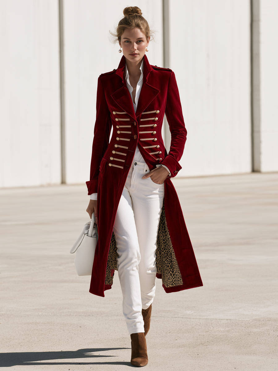 Stylish Retro Military-style Leopard Print Lining Red Velvet Gold Button Loop Coat