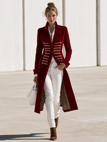 Stylish Retro Military-style Leopard Print Lining Red Velvet Gold Button Loop Coat