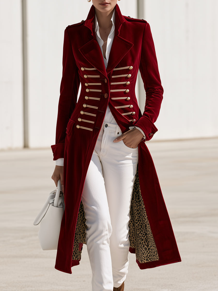 Stylish Retro Military-style Leopard Print Lining Red Velvet Gold Button Loop Coat