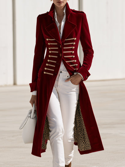 Stylish Retro Military-style Leopard Print Lining Red Velvet Gold Button Loop Coat