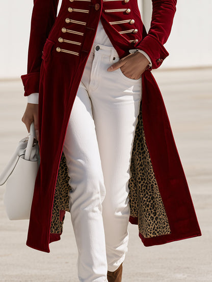 Stylish Retro Military-style Leopard Print Lining Red Velvet Gold Button Loop Coat