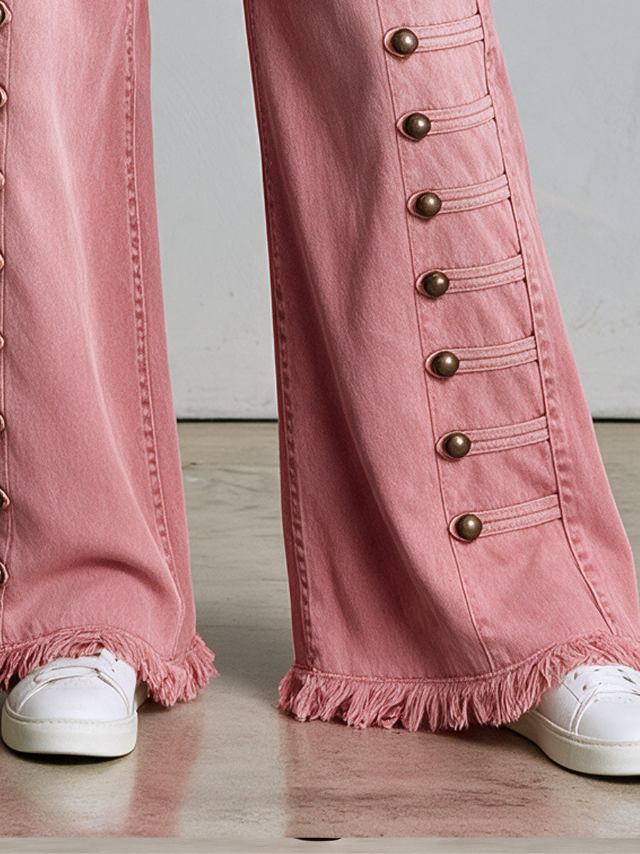 Vintage Button-down Washed Pink Flared Frayed Jeans