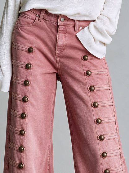 Vintage Button-down Washed Pink Flared Frayed Jeans