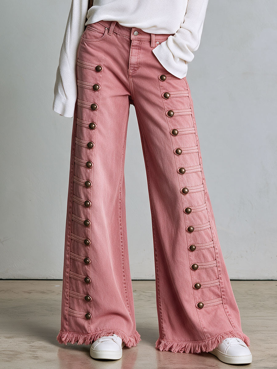 Vintage Button-down Washed Pink Flared Frayed Jeans