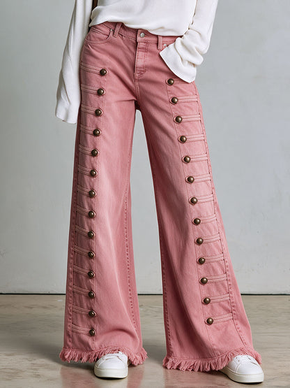Vintage Button-down Washed Pink Flared Frayed Jeans