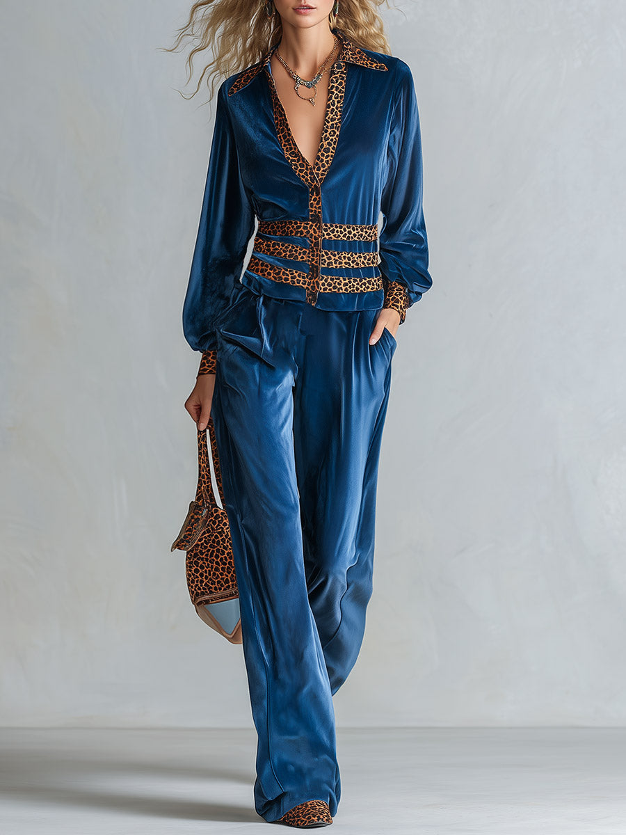 Elegant Blue Leopard-Print Button-Down Shirt And Wide-Leg Trousers Velvet Set