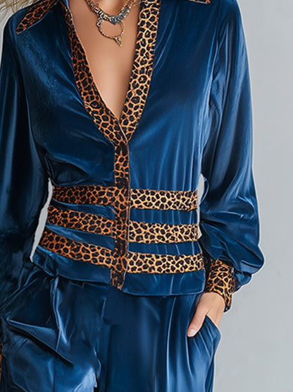 Elegant Blue Leopard-Print Button-Down Shirt And Wide-Leg Trousers Velvet Set